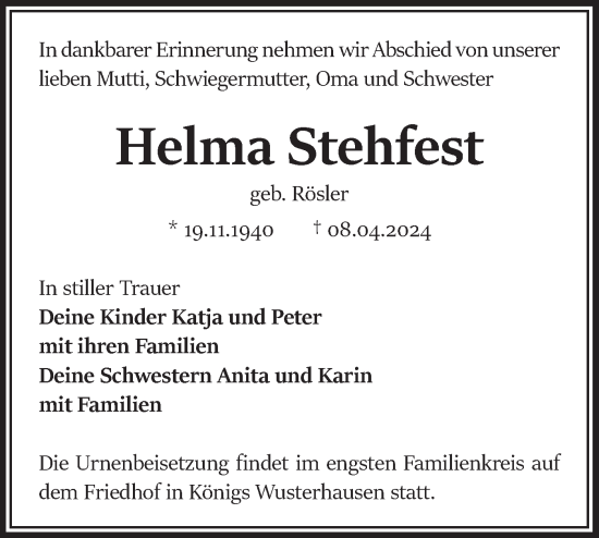 Traueranzeige von Helma Stehfest von Märkische Oderzeitung