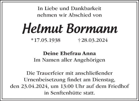Traueranzeige von Helmut Bormann von Märkische Oderzeitung