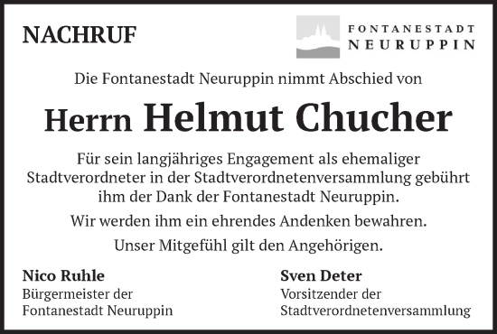 Traueranzeige von Helmut Chucher von Märkische Oderzeitung