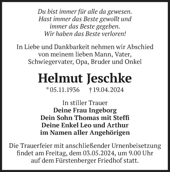 Traueranzeige von Helmut Jeschke von Märkische Oderzeitung