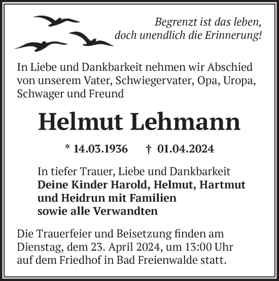 Traueranzeige von Helmut Lehmann von Märkische Oderzeitung