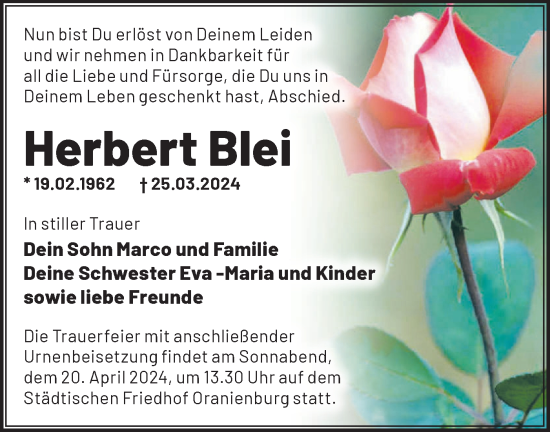 Traueranzeige von Herbert Blei von Märkische Oderzeitung