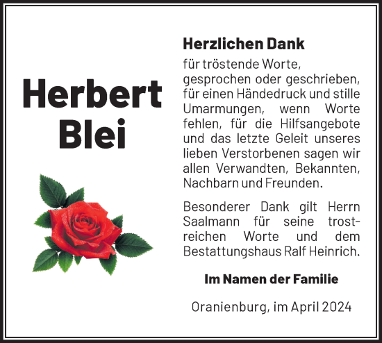 Traueranzeige von Herbert Blei von Märkische Oderzeitung