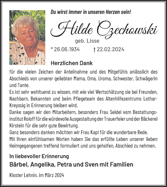 Traueranzeige von Hilde Czechowski von Märkische Oderzeitung
