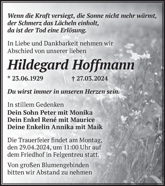 Traueranzeige von Hildegard Hoffmann von Märkische Oderzeitung