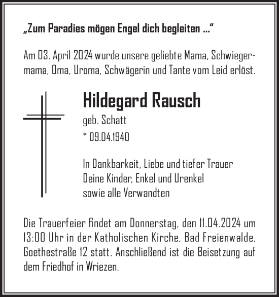 Traueranzeige von Hildegard Rausch von Märkische Oderzeitung