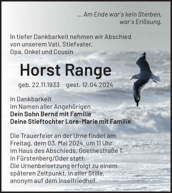 Traueranzeige von Horst Range von Märkische Oderzeitung