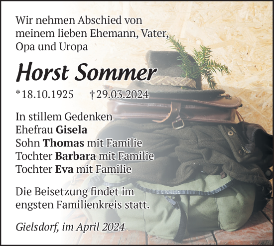 Traueranzeige von Horst Sommer von Märkische Oderzeitung