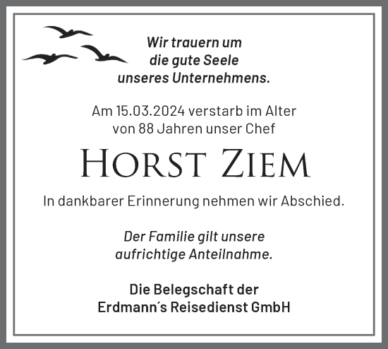 Traueranzeige von Horst Ziem von Märkische Oderzeitung