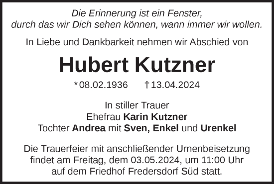 Traueranzeige von Hubert Kutzner von Märkische Oderzeitung