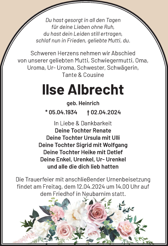 Traueranzeige von Ilse Albrecht von Märkische Oderzeitung