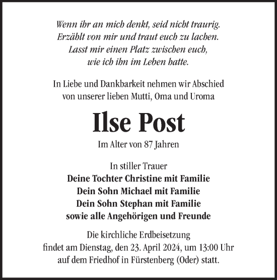 Traueranzeige von Ilse Post von Märkische Oderzeitung