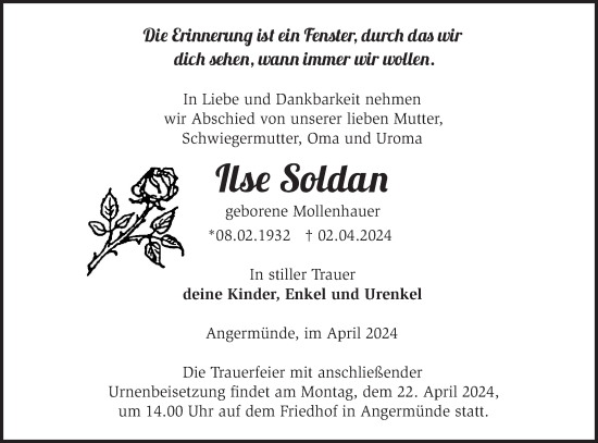 Traueranzeige von Ilse Soldan von Märkische Oderzeitung