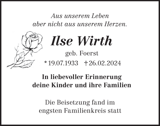 Traueranzeige von Ilse Wirth von Märkische Oderzeitung