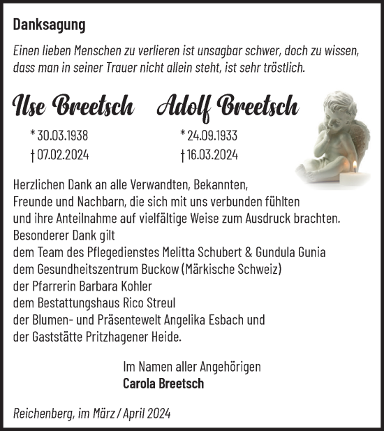 Traueranzeige von Ilse und Adolf Breetsch von Märkische Oderzeitung