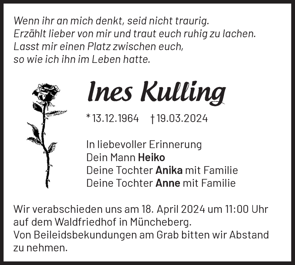  Traueranzeige für Ines Kulling vom 13.04.2024 aus Märkische Oderzeitung