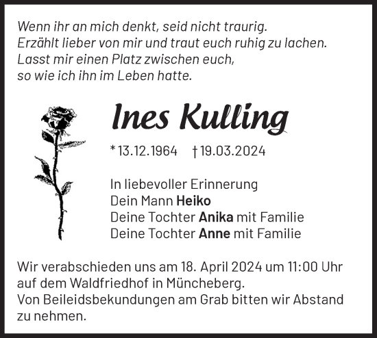 Traueranzeige von Ines Kulling von Märkische Oderzeitung