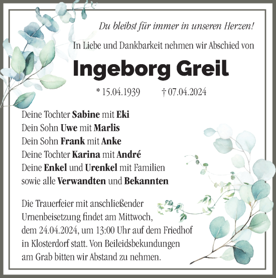 Traueranzeige von Ingeborg Greil von Märkische Oderzeitung