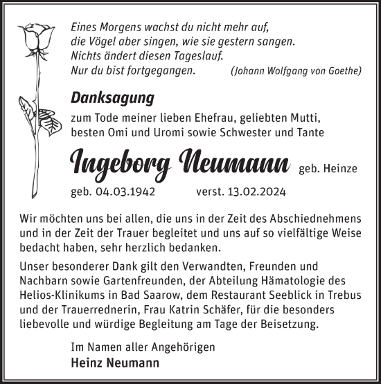 Traueranzeige von Ingeborg Neumann von Märkische Oderzeitung