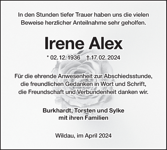 Traueranzeige von Irene Alex von Märkische Oderzeitung