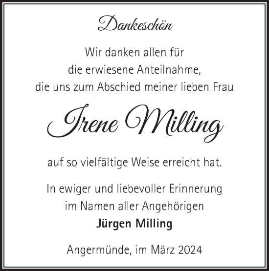 Traueranzeige von Irene Milling von Märkische Oderzeitung