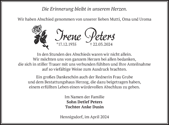 Traueranzeige von Irene Peters von Märkische Oderzeitung