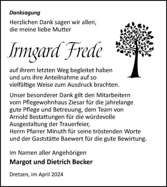Traueranzeige von Irmgard Frede von Märkische Oderzeitung
