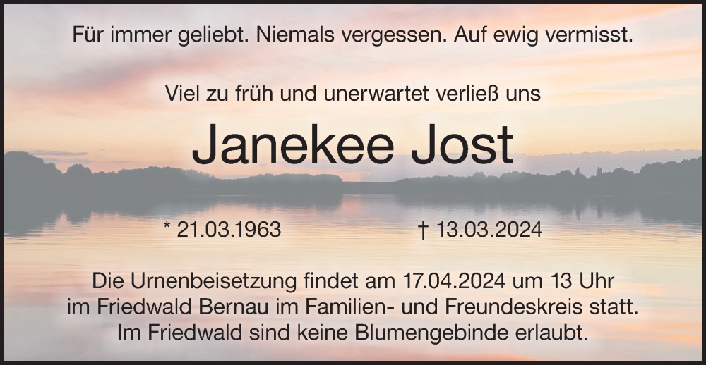  Traueranzeige für Janekee Jost vom 12.04.2024 aus Märkische Oderzeitung