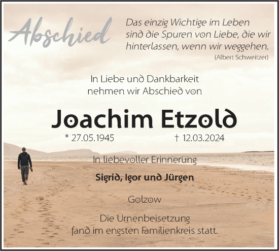 Traueranzeige von Joachim Etzold von Märkische Oderzeitung