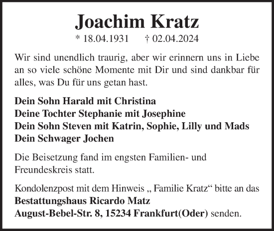 Traueranzeige von Joachim Kratz von Märkische Oderzeitung