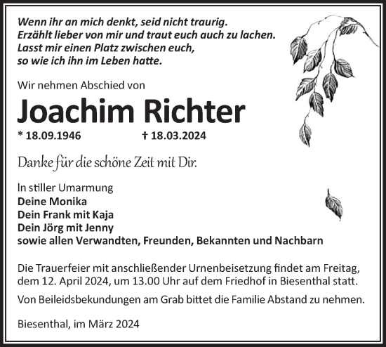 Traueranzeige von Joachim Richter von Märkische Oderzeitung