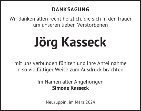 Traueranzeige von Jörg Kasseck von Märkische Oderzeitung
