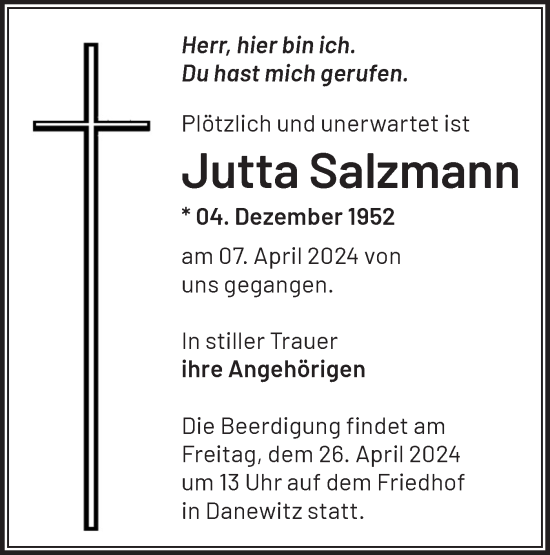 Traueranzeige von Jutta Salzmann von Märkische Oderzeitung