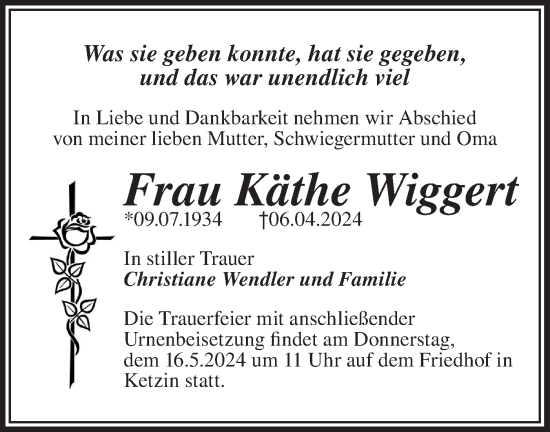 Traueranzeige von Käthe Wiggert von Märkische Oderzeitung