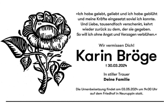 Traueranzeige von Karin Bröge von Märkische Oderzeitung