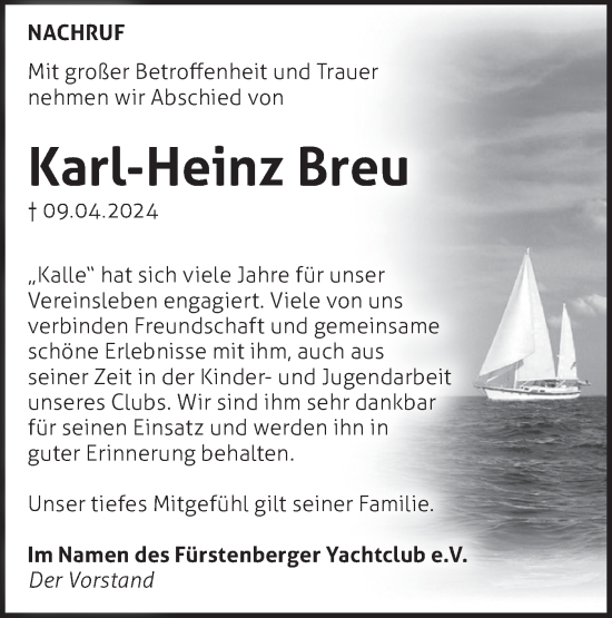 Traueranzeige von Karl-Heinz Breu von Märkische Oderzeitung
