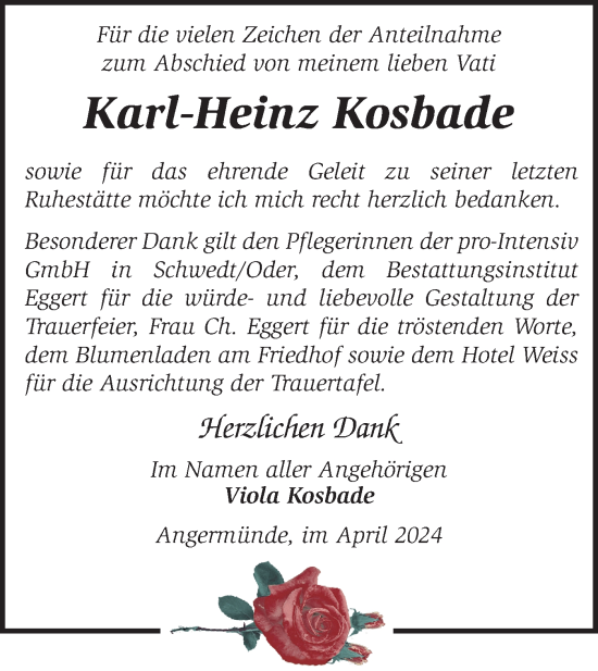 Traueranzeige von Karl-Heinz Kosbade von Märkische Oderzeitung