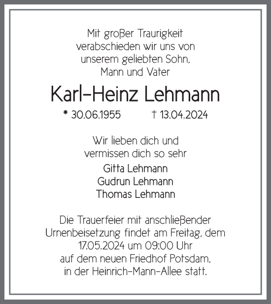 Traueranzeige von Karl-Heinz Lehmann von Märkische Oderzeitung