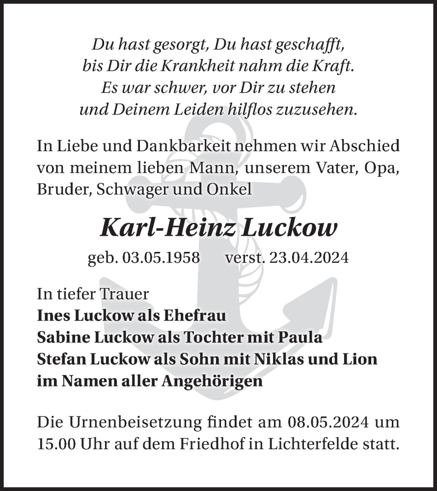  Traueranzeige für Karl-Heinz Luckow vom 30.04.2024 aus Märkische Oderzeitung