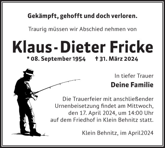 Traueranzeige von Klaus-Dieter Fricke von Märkische Oderzeitung