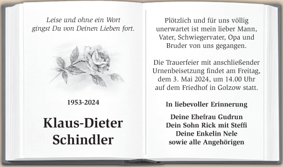 Traueranzeige von Klaus-Dieter Schindler von Märkische Oderzeitung
