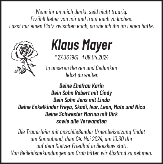 Traueranzeige von Klaus Mayer von Märkische Oderzeitung