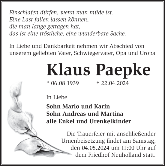 Traueranzeige von Klaus Paepke von Märkische Oderzeitung