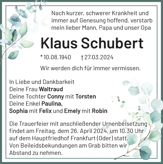 Traueranzeige von Klaus Schubert von Märkische Oderzeitung