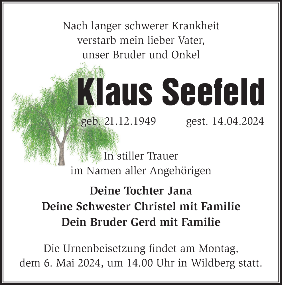  Traueranzeige für Klaus Seefeld vom 30.04.2024 aus Märkische Oderzeitung