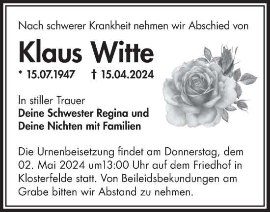 Anzeige Klaus Witte