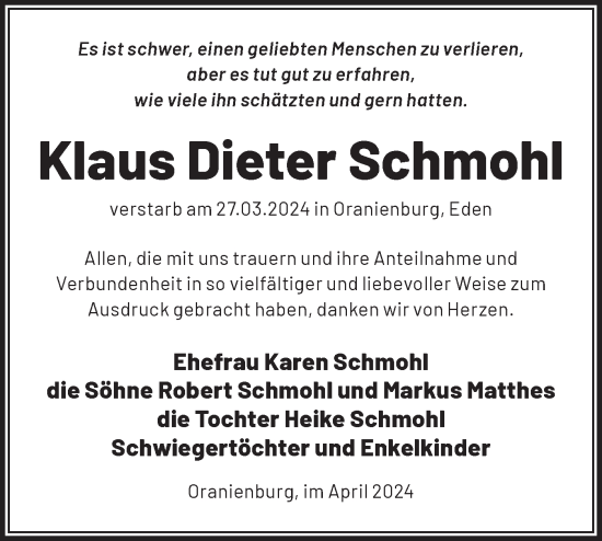 Traueranzeige von Klaus Dieter Schmohl von Märkische Oderzeitung