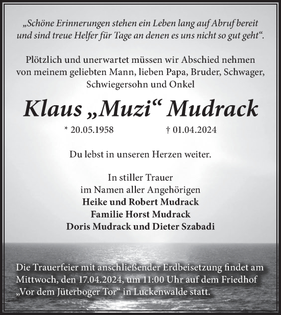Traueranzeige von Klaus i Mudrack von Märkische Oderzeitung