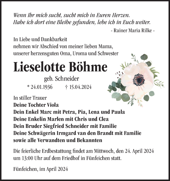 Anzeige Lieselotte Böhme
