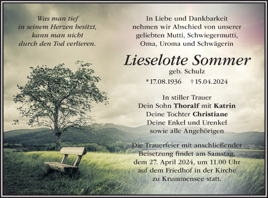 Anzeige Lieselotte Sommer